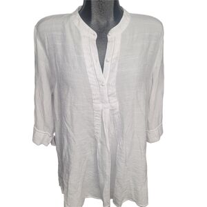 Counterpart Women's White Button Neckline Cropped Sleeve Boho Chic Blouse